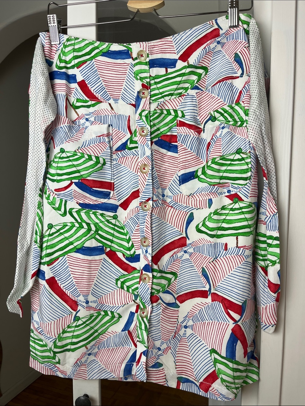 Anthropologie Green, Red, Blue & White Striped Umbrella Print Pencil Skirt - Picture 3 of 5